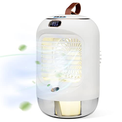 SHYOSUCCE Condizionatore Portatile, 4 in 1 Mini Raffreddatore D'aria con 3 Velocità, Luce Notturna, Oscillante a 180°, Umidificatore Ricaricabile per 
