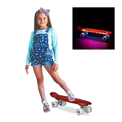 Relaxdays 10022273_47 Skateboard 22 Pollici, Completo, Luminoso, Luci a LED, Trucks in Alluminio, ABEC 7, Rosso