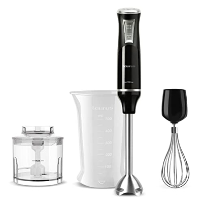 Taurus Bapi 750 Plus Inox - Frullatore a immersione, 750W, regolatore regolabile a 20 velocità, funzione Turbo, lame in acciaio inossidabile, misurino