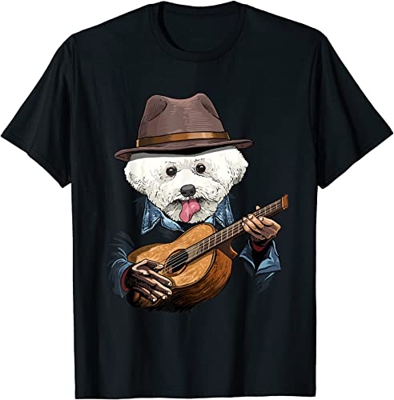XIAOLING Chitarra Acustica Bichon Frise Chitarra Giocatore Cane Chitarrista Bianco Giallo Nero Rosso Mens Donne T Shirt 100% Cotton68388, Color01, XL