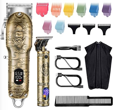 Tagliacapelli da uomo, a T per barbiere, ricaricabile, senza fili, per tagliare i capelli, rasoio da barba (kit Gold Knight)