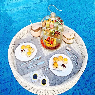 ROSG Vassoio Galleggiante Vassoio Galleggiante di Lusso Tavolo e Bar, Piatto da Piscina Piatto da Frutta Galleggiante in Rattan Salotto Galleggiante D
