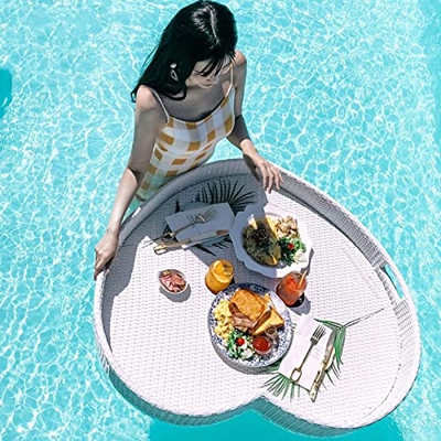 ROSG Vassoio Galleggiante a Forma di Cuore, Piatto da Piscina Piatto da Frutta Galleggiante in Rattan Salotto Galleggiante Durevole per Piscina Che Se
