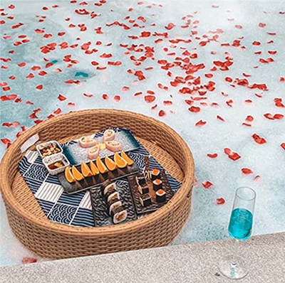 Vassoio galleggiante rotondo grande, vassoio per bevande e cibo per feste in piscina, vassoio da portata per feste in rattan resistente all'usura, vas