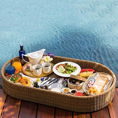 YJSBXN 100 x 50 x 20cm Vassoio da Portata Ovale in Vimini Rattan - Vassoio Galleggiante per Piscina con Maniglia per Food Drink Container Holder Festa
