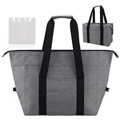 Grande borsa termica pieghevole da 20 l, borsa per la spesa pieghevole con 2 contenitori refrigeranti, borsa da picnic grigia con isolamento per campe