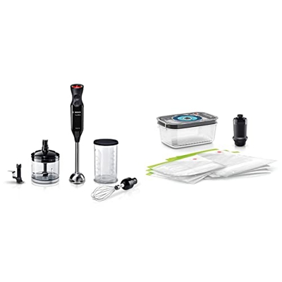 Bosch ErgoMixx Frullatore a Immersione Portatile, 1000 W, 12 Velocità & MSZV6FS1 Set Accessori Sottovuoti, con FreshVacuum, Contenitore per Alimenti e