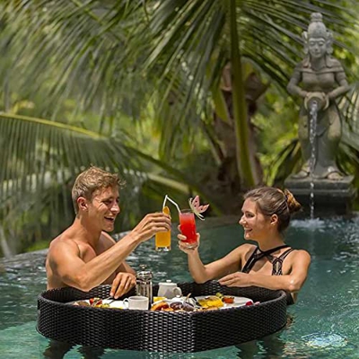 WENCY Vassoio Rotondo in Rattan Tessuto con Manici, Vassoio da Portata Accessori per Piscina per Adulti Piatto da Colazione con Acqua da Spiaggia Port