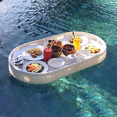 WENCY Vassoio Galleggiante per Piscina Rattan, Vassoio da Portata in Rattan Tessuto Impermeabile, Vassoio per Alimenti con Manici per Piscina Beach Pa