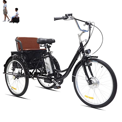 Triciclo elettrico per adulti Bicicletta a 3 ruote con seggiolino per bambini Carrello della spesa indipendente Cestino 350 W elettrico/assistenza/ped
