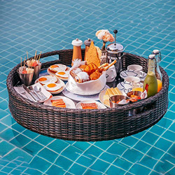 Vassoio galleggiante galleggiante per piscina, vassoio da portata in rattan, resistente all'usura, grande capacità, con manici, per feste all'aperto,  en oferta