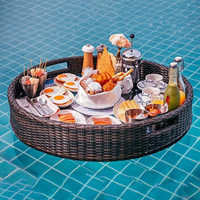 Vassoio galleggiante galleggiante per piscina, vassoio da portata in rattan, resistente all'usura, grande capacità, con manici, per feste all'aperto, 