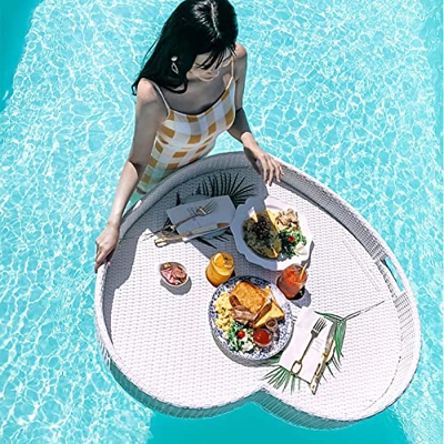 LLYB Vassoio galleggiante portatile per piscina, tavolo da portata in rattan intrecciato per alimenti e bevande, per piscina, bar di sabbia, spa, bagn