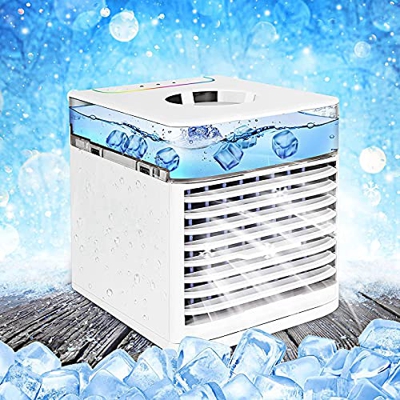 VVLXRIC Piccolo Condizionatore Portatile Senza Tubo - Raffredda E Umidifica Raffrescatore Evaporativo Portatile - 3 velocità Regolabili Tubo Acqua - p