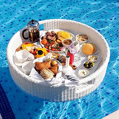 Vassoio galleggiante galleggiante per piscina, vassoio da portata in rattan, resistente all'usura, grande capacità, con manici, per feste all'aperto, 