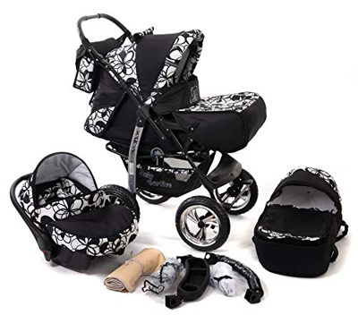 Baby Sportive - Passeggino 3 in 1 con seggiolino e accessori con fantasia floreale, colore: Nero