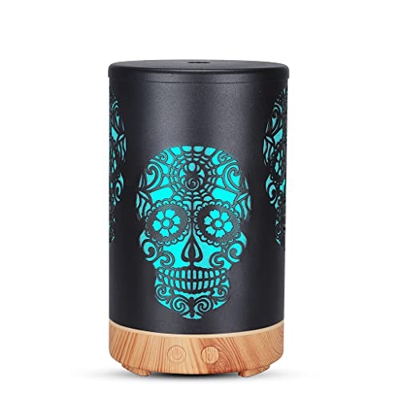 Diffusore Olio Essenziale del Cranio, 100 ml di Metallo Fresco Mista GUIDATO Mood Light, Auto-off Senza Acqua (Color : Black(Wood), Size : 100ml)