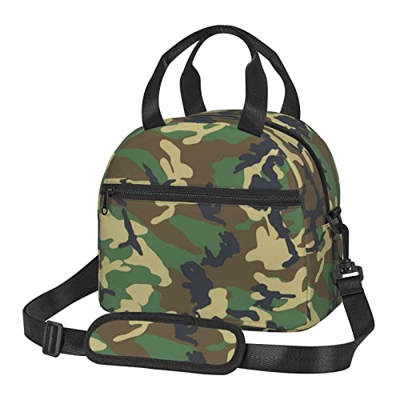 Green Military Camo - Borsa per il pranzo riutilizzabile, resistente all'acqua, per campeggio, picnic, scuola, lavoro