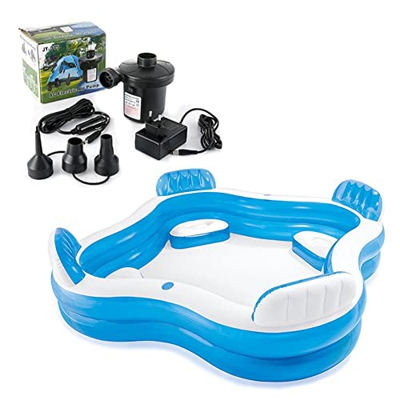 Piscina Gonfiabile per Famiglia 229*229*56 cm Blu/Bianco Piscina Rettangolare per Bambini con 4 Posti a Sedere Piscina Family Grande Durevole per Giar