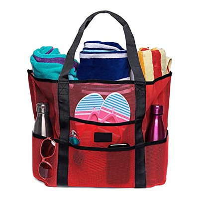 Mesh Beach Tote Bag con dispositivo di raffreddamento isolato staccabile, grande capacità ultra pratica borsa da viaggio rosso