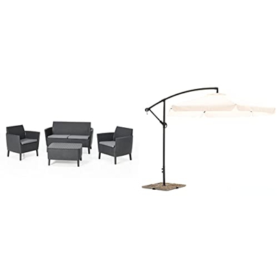 Keter Salemo Lounge Set, Set Mobili da Giardino in Rattan con Divano 2 Posti 2 Poltrone e Tavolino Porta Cuscini, Grafite & My garden Luna Ombrellone,