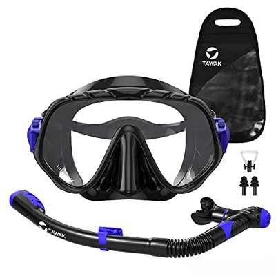 TAWAK Set Snorkeling Anti-Fog & Anti-Perdite, Maschera Subacquea con Tubi a Secco, Maschera Apnea con Panoramica a 180 per Adulti e Giovani, Mare Masc