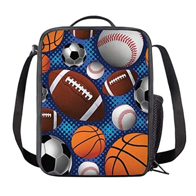 HUGS IDEA Borsa termica per il pranzo isolata per bambini, kit di custodia per snack e snack con stampa di pallacanestro di rugby sportivo