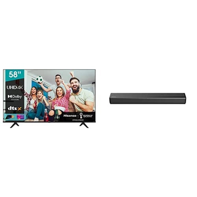 Hisense 58" UHD 4K 2022 58A6FG, Smart TV VIDAA 5.0, HDR Dolby Vision, IPS, Controlli vocali Alexa/Google Assistant + Hisense HS214 Soundbar 2.1, 80W, 