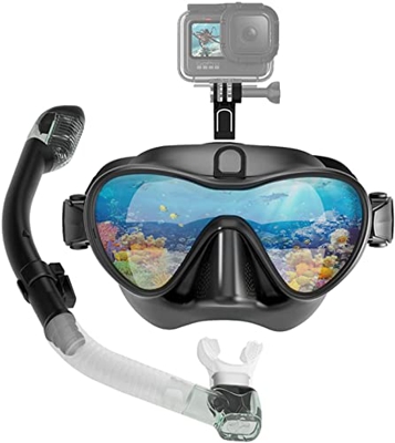 Maschera da sub con boccaglio, set da snorkeling Maschera da snorkeling in un unico pezzo con supporto per fotocamera, specchio panoramico antiappanna