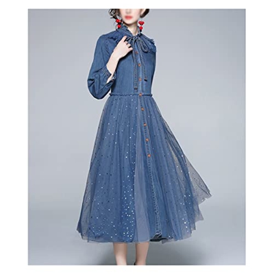 WALNUT Abito di Denim Autunno Femminile Lungo Cocktail Abito Patchwork (Color : A, Size : L Code)