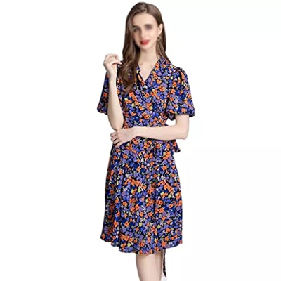 WALNUT Fashion Summer Dress Women Weck a V-Neck Maniche con Fiore Stampa for Vacanza Abiti in Pizzo (Color : A, Size : S Code)