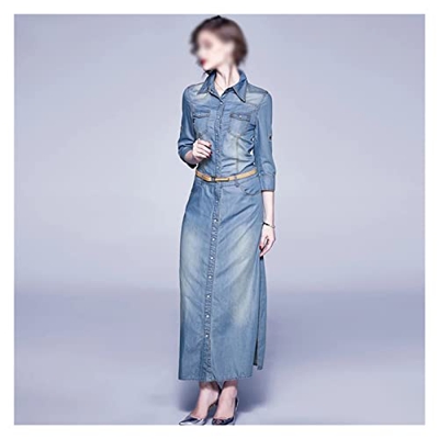WALNUT Summer's Summer Autunno Lungo Lungo Abito in Denim Camicia da Festa delle Donne Casual (Color : A, Size : M Code)