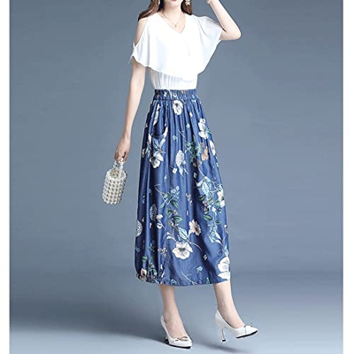 WALNUT Gonna di Seta ghiacciata, Gonna in Jeans, Gonna bocciolo di Fiori, Gonna Estiva Femminile, Vita Alta, Gonna Pieghettata, (Color : A, Size : 19/