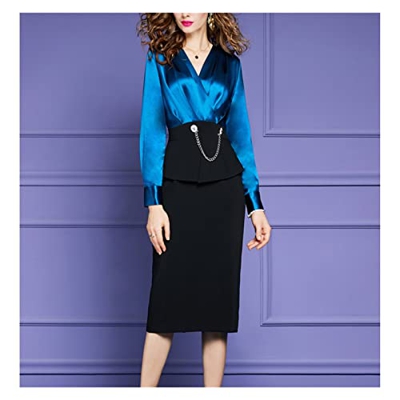 WALNUT Women Spring Abito Satinato in Vita Cocktail Party Abito a Matita Femme (Color : Blue, Size : XXXXL Code)