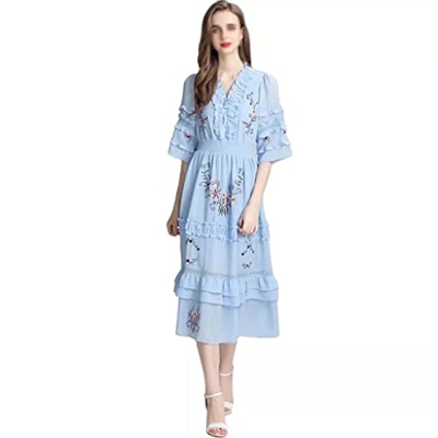 WALNUT Fashion Summer Dress Women Weck a V-Neck Halfleeve Ruffles Flower Ricamo Elastico Abiti da Festa Eleganti (Color : Blue, Size : M Code)