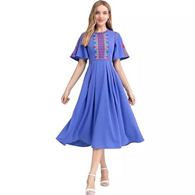 WALNUT Fashion Summer Dress Women Weck Fleeve Flower Ricamo a Fiore Vintage Party Midi Abiti (Color : Blue, Size : L Code)