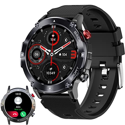 Smartwatch Uomo Orologio Militare con chiamate Bluetooth HD Fitness Tracker Tattico con Cardiofrequenzimetro SpO2 Contapassi Controllo Musica Cronomet