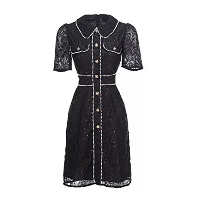 WALNUT Fashion Summer Lace Dress Women Well-Down Collar Short Short Black Short Party Dresses (Color : Black, Size : M Code)