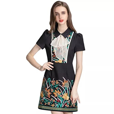 WALNUT Fashion Summer Dress Women Peter Pan Collar Short Short Flower Ricami Mini Abiti da Festa Vintage (Color : Black, Size : L Code)