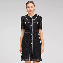 WALNUT Abito in Pizzo Estivo di Moda Donne Peter Pan Colla a Manica Corta Perline Abiti da Festa Vintage (Color : Black, Size : M Code) precio