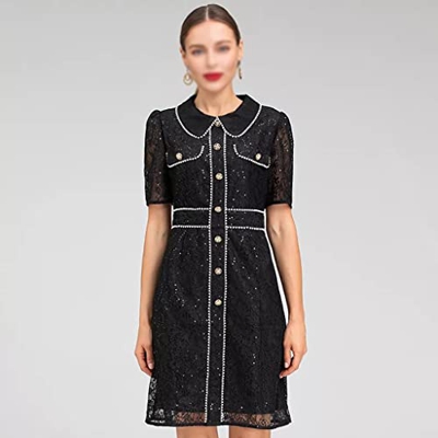 WALNUT Abito in Pizzo Estivo di Moda Donne Peter Pan Colla a Manica Corta Perline Abiti da Festa Vintage (Color : Black, Size : M Code)