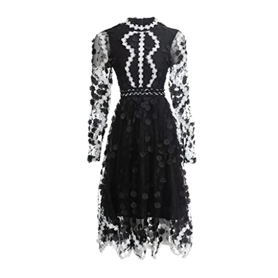 WALNUT Fashion Summer Dress Women Stand Collar Maniche Lunghe APPLICI Applicazioni Vintage Party (Color : Black, Size : M Code)