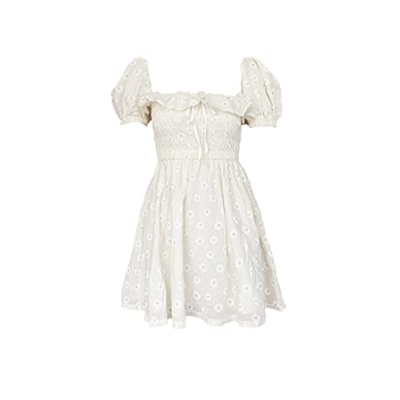 WALNUT Abiti a-Line Donne Donne Floreali Cancelle quadrate Maniche a Soffio in Alto in Vita Casualità Estiva (Color : White, Size : S Code)