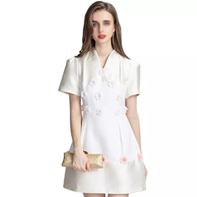 WALNUT Fashion Summer Dress Women-Neck Short Short Maniche Appliques Mini Abiti da Festa Eleganti (Color : White, Size : S Code)