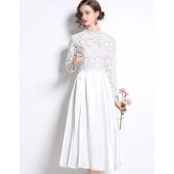 WALNUT Abito da Sera Estivo Temperamento Stand-up Collar in Pizzo Cucitura a Maniche Lunghe Slip Long Swing Dress (Color : White, Size : L Code) características