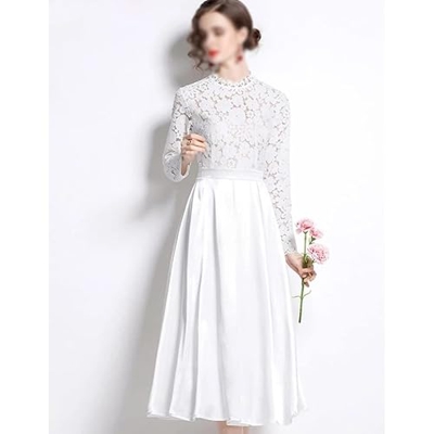 WALNUT Abito da Sera Estivo Temperamento Stand-up Collar in Pizzo Cucitura a Maniche Lunghe Slip Long Swing Dress (Color : White, Size : L Code)