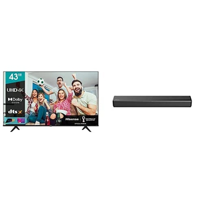 Hisense 43" UHD 4K 2022 43A6FG, Smart TV VIDAA 5.0, HDR Dolby Vision, Controlli vocali Alexa/Google Assistant + Hisense HS214 Soundbar 2.1, 80W, Subwo