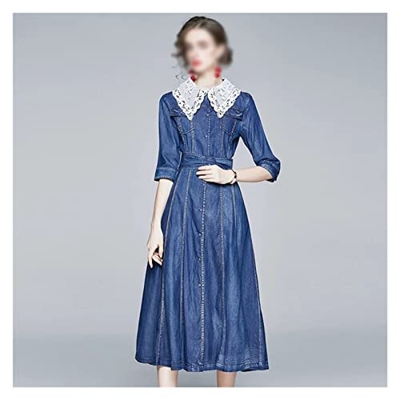 WALNUT Women Autumn Denim Shirt Shirt Long Party Robe Femme Lace Collar A-Line (Color : A, Size : XL Code)