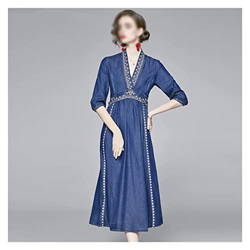 WALNUT Domande da Ricamo in Jeans Abito Lungo a V Neck Party (Color : A, Size : L Code) precio