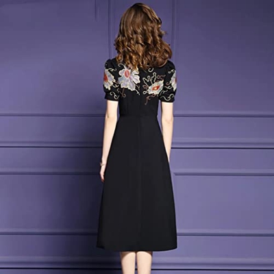 WALNUT Women Autumn Recamitine Dress Female Flow Party Floral (Color : Black, Size : L Code)